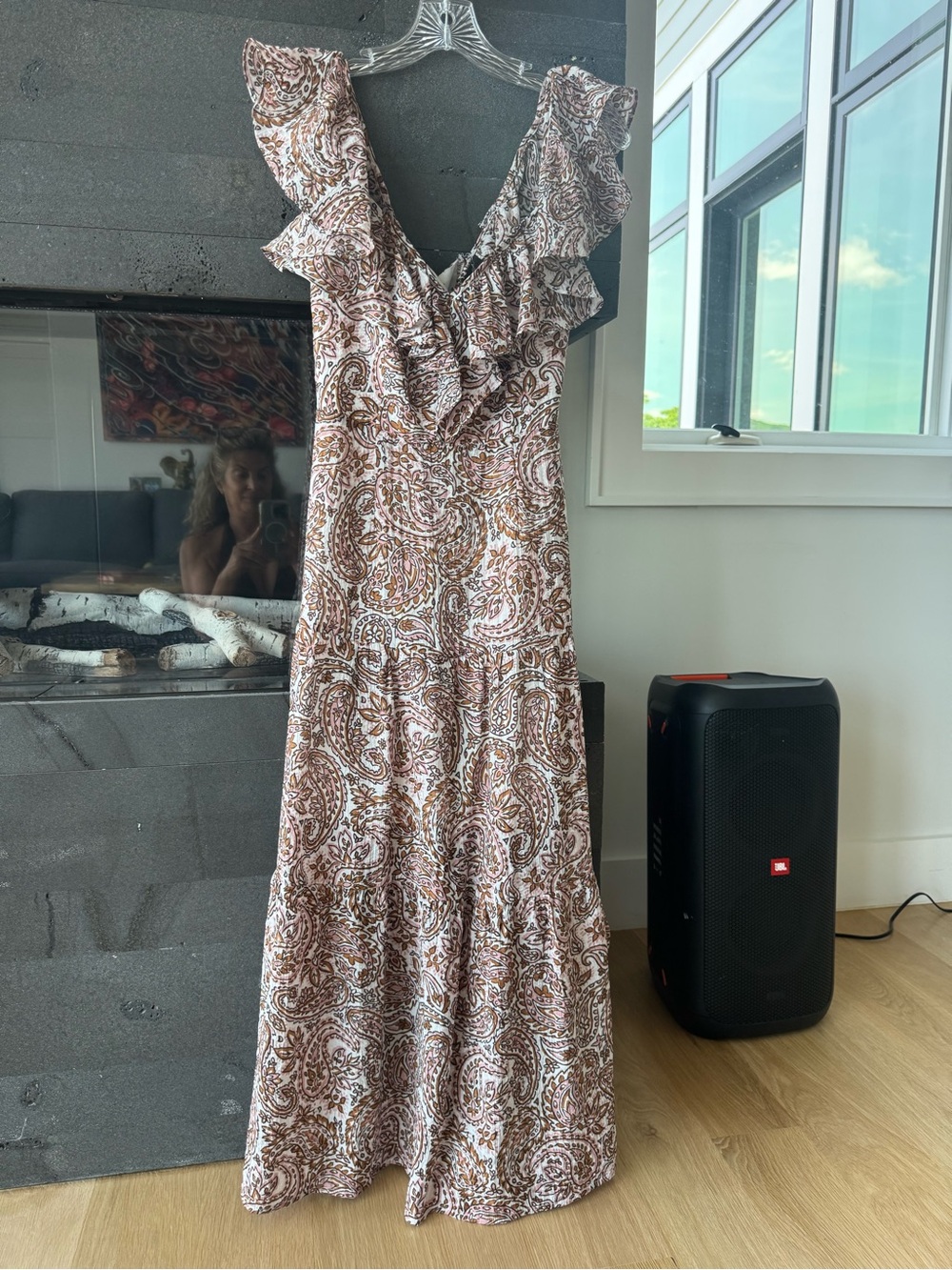 MinkPink Ruffled Maxi Dress in Brown & Cream open back medium